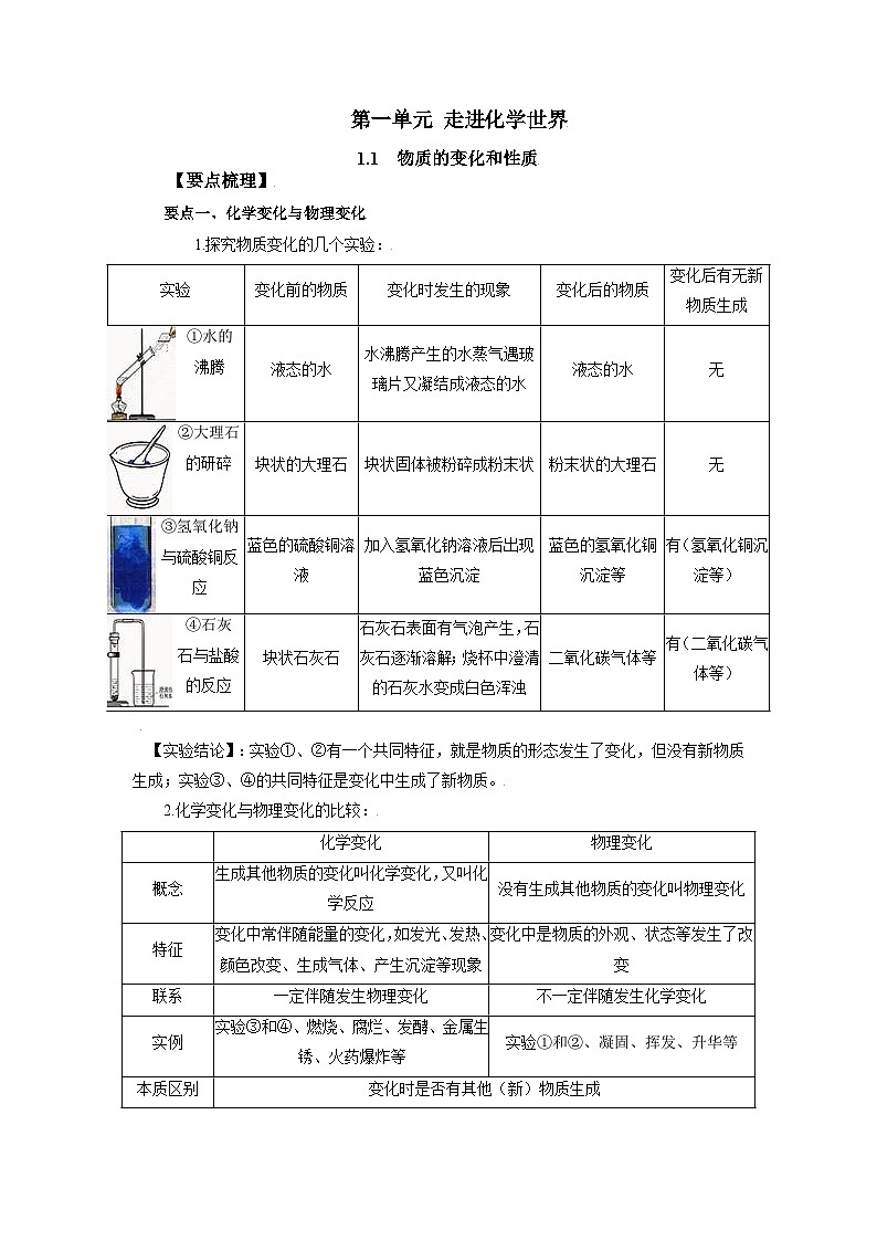 化学人教版九上要点突破学案:1.1 物质的变化和性质第1页