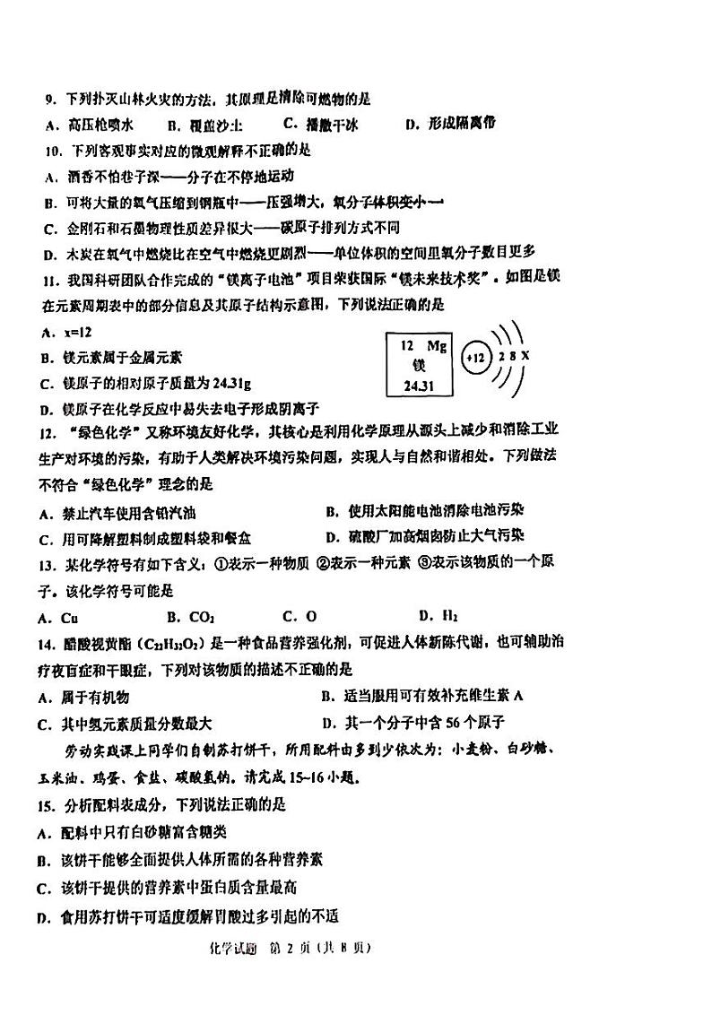 2024年山东省青岛市初中学业水平模拟检测化学试题第2页