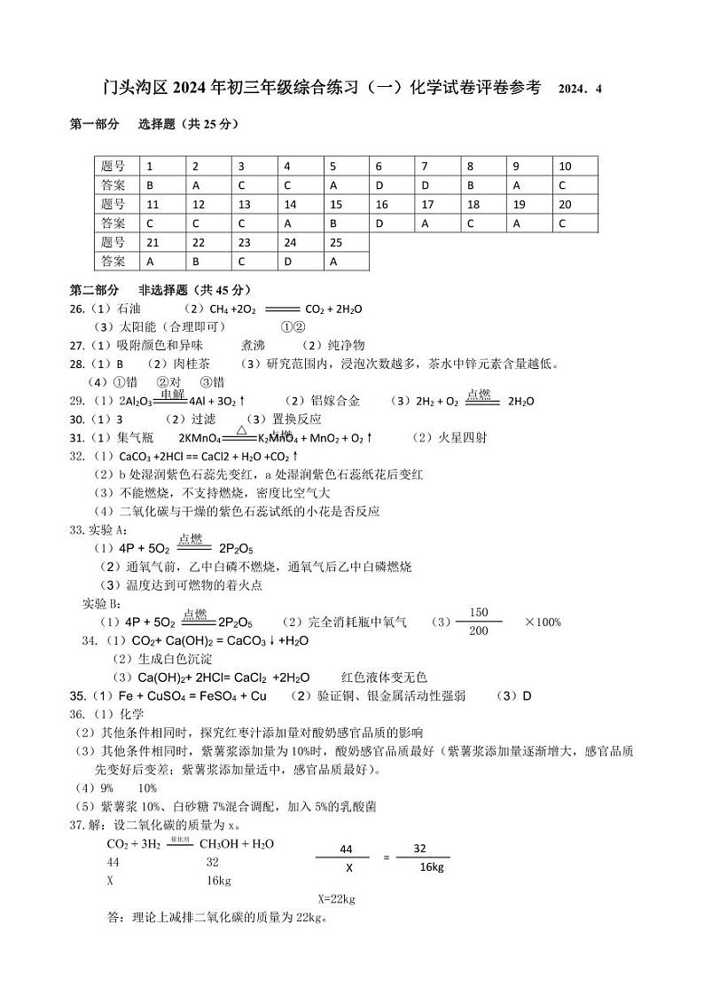 2024门头沟一模答案第1页