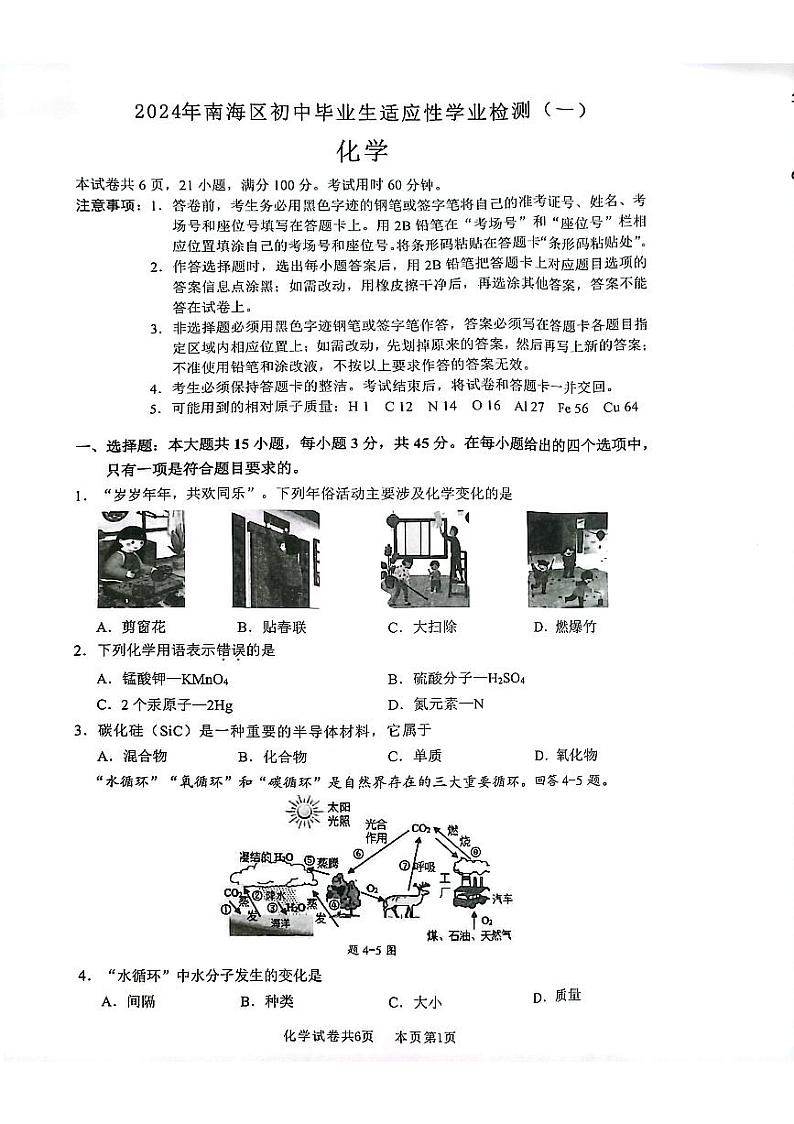 2024年广东省佛山市南海区九年级中考一模 化学试题01
