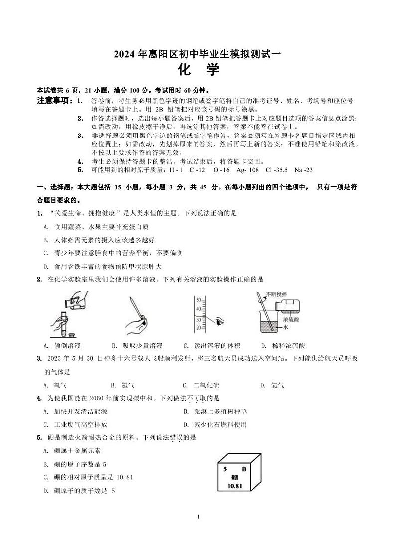2024年广东省惠州市惠阳区中考一模化学试题第1页