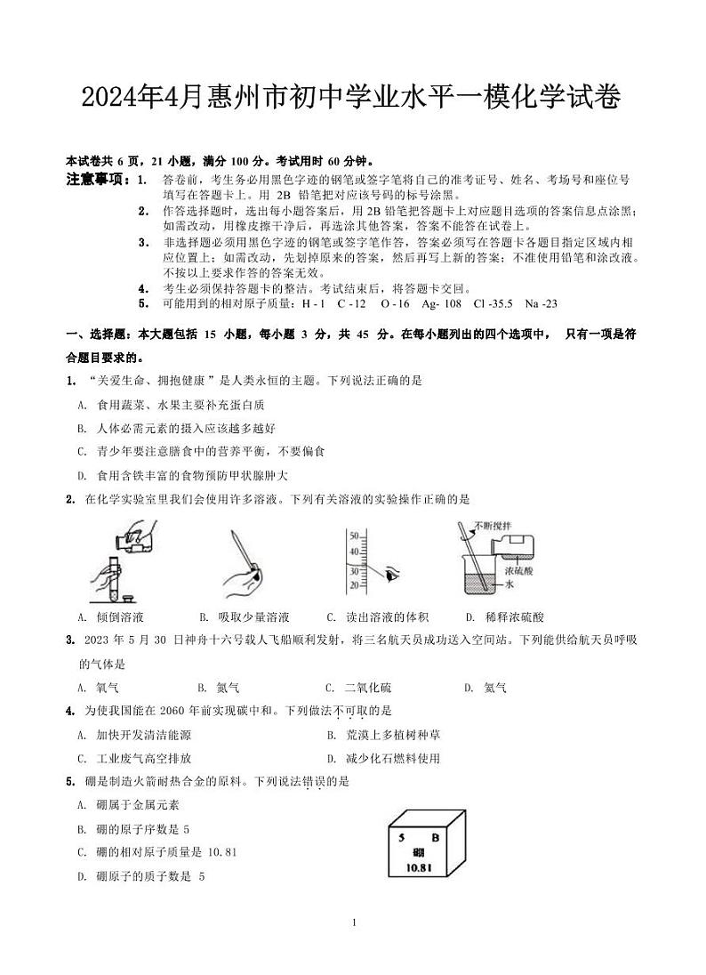 广东省惠州市惠阳区2024年4月初中学业水平一模化学试卷第1页
