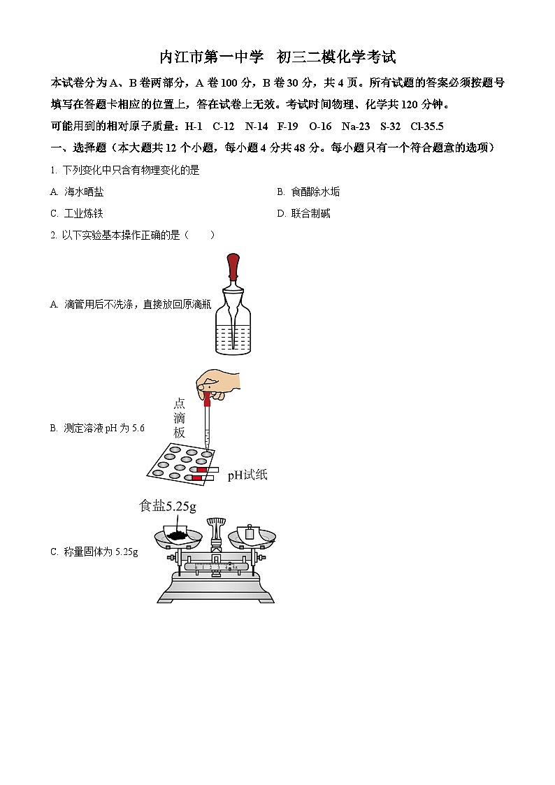 2023年四川省内江市第一中学中考二模化学试题(原卷版+解析版)01