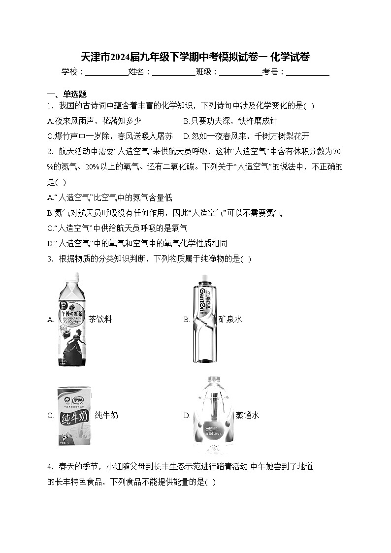天津市2024届九年级下学期中考模拟试卷一 化学试卷(含答案)第1页
