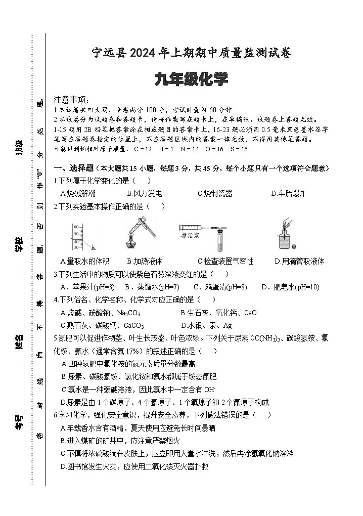 宁远县2024年上期九年级期中测试卷第1页