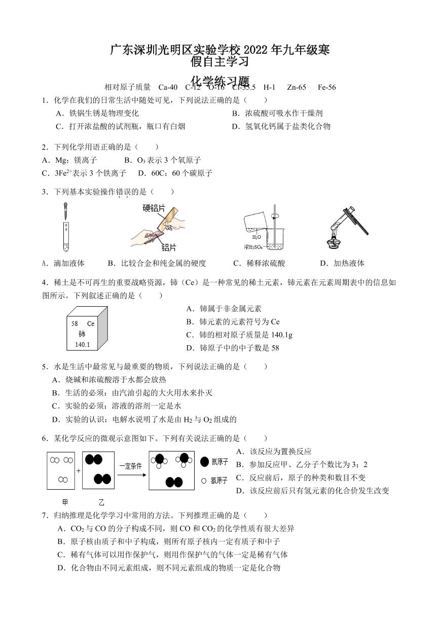 83，2022年广东省深圳市光明区实验学校九年级寒假自主学习化学练习题