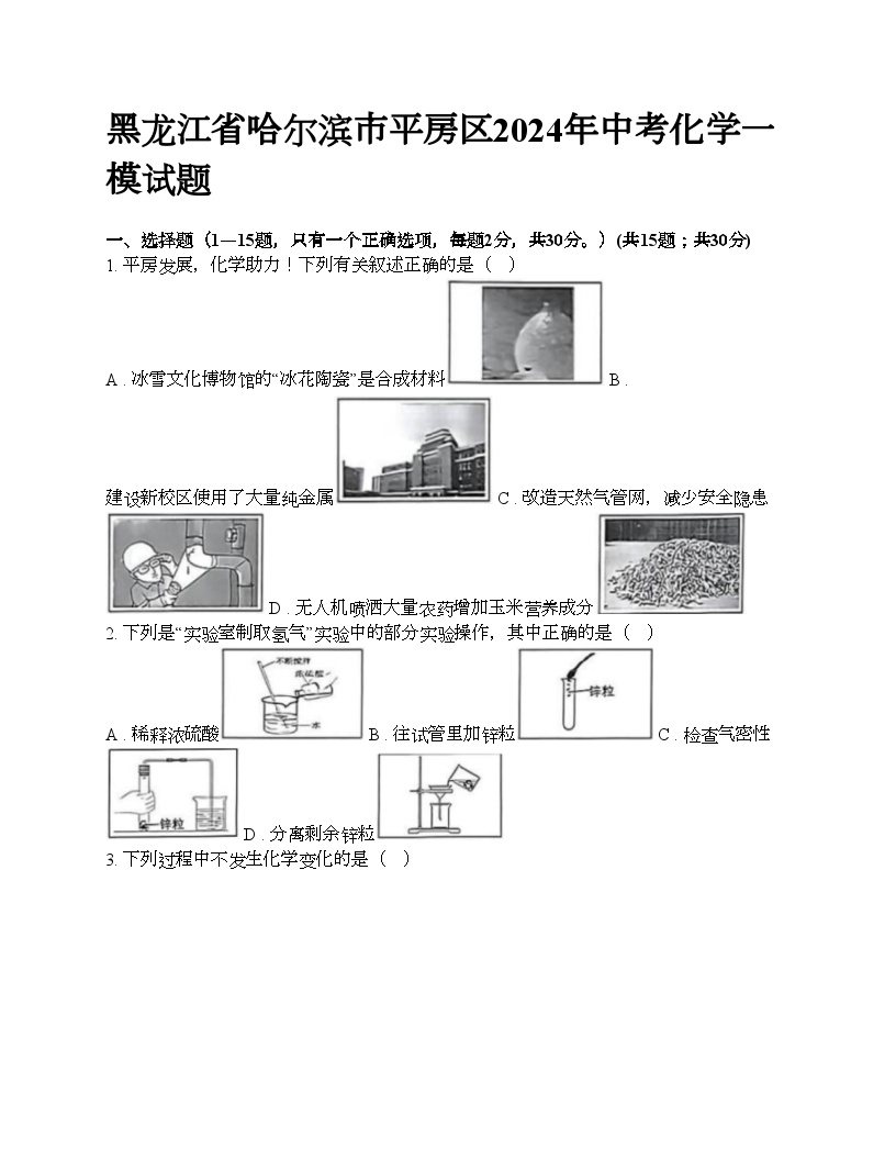 黑龙江省哈尔滨市平房区2024年中考化学一模试题
