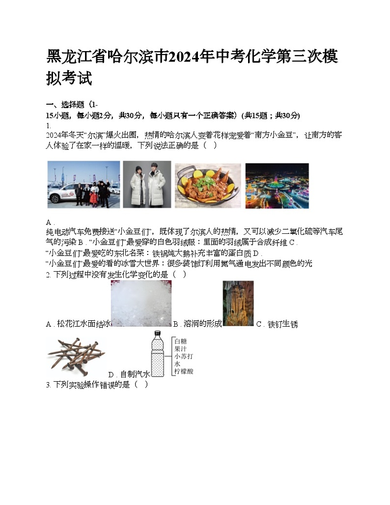 黑龙江省哈尔滨市2024年中考化学第三次模拟考试第1页