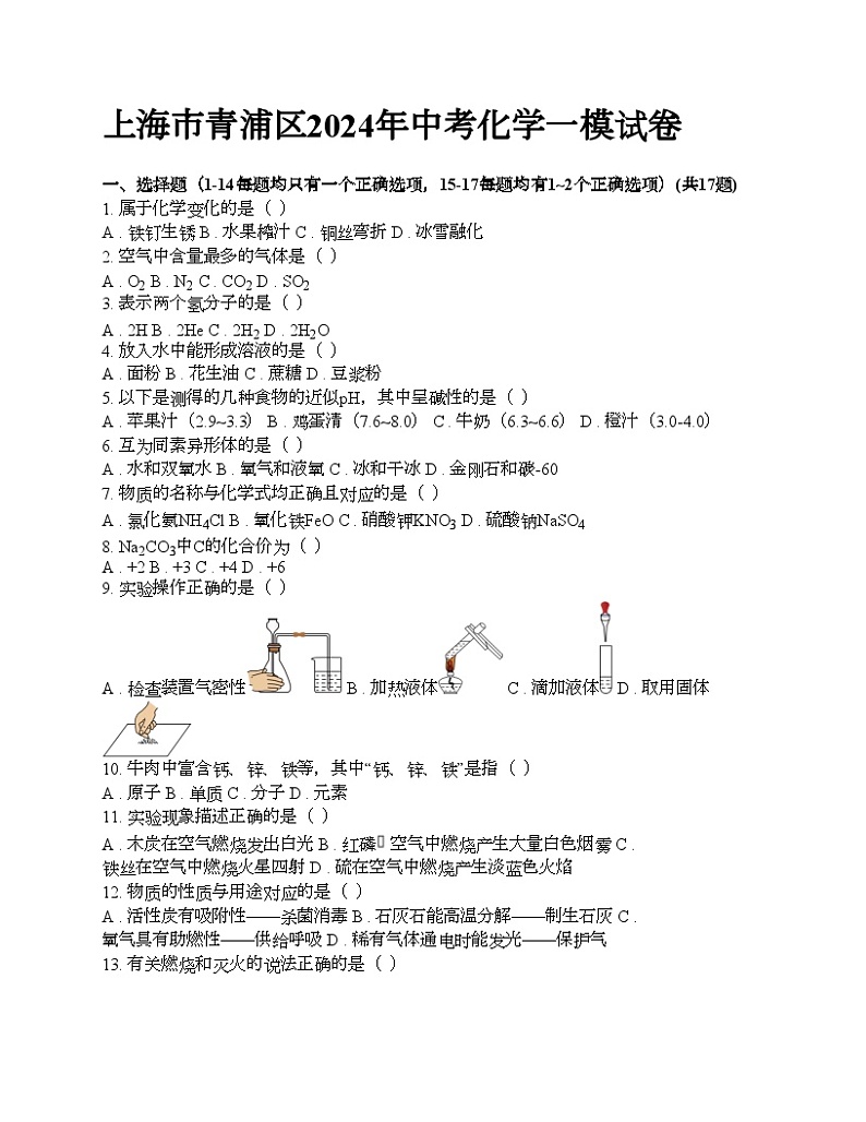 上海市青浦区2024年中考化学一模试卷01