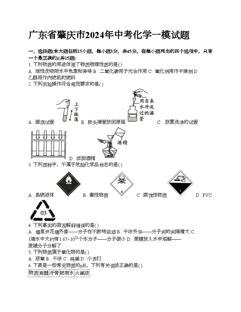 广东省肇庆市2024年中考化学一模试题第1页