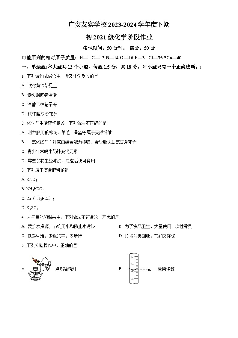 四川省广安市友实学校2023-2024学年九年级下学期期中考试化学试题(原卷版+解析版)01
