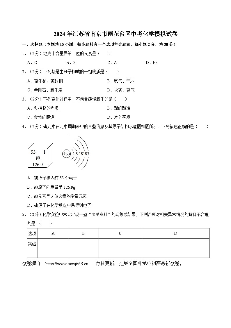 15,2024年江苏省南京市雨花台区中考化学模拟试卷第1页