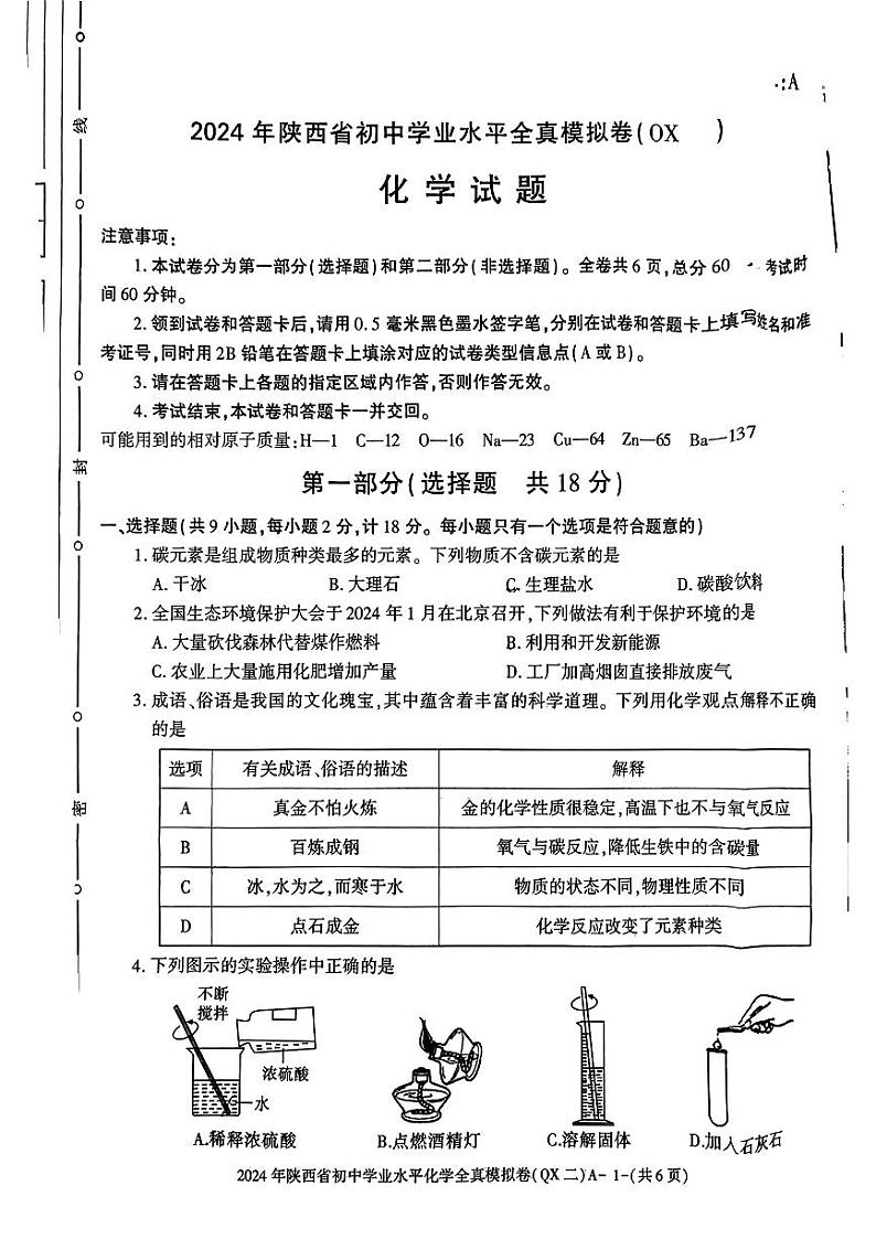 2024年陕西省咸阳市乾县中考化学全真模拟卷第1页