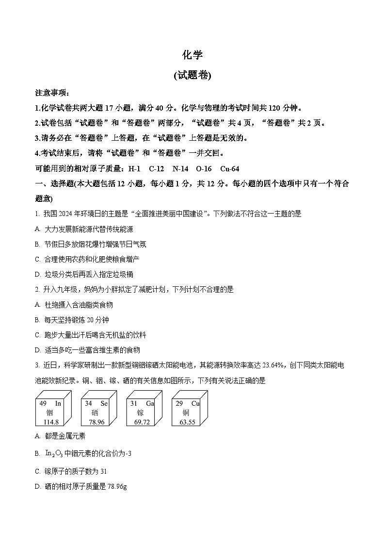 2024年安徽省铜陵市第十一中学中考第三次模拟考试化学试题(原卷版)第1页