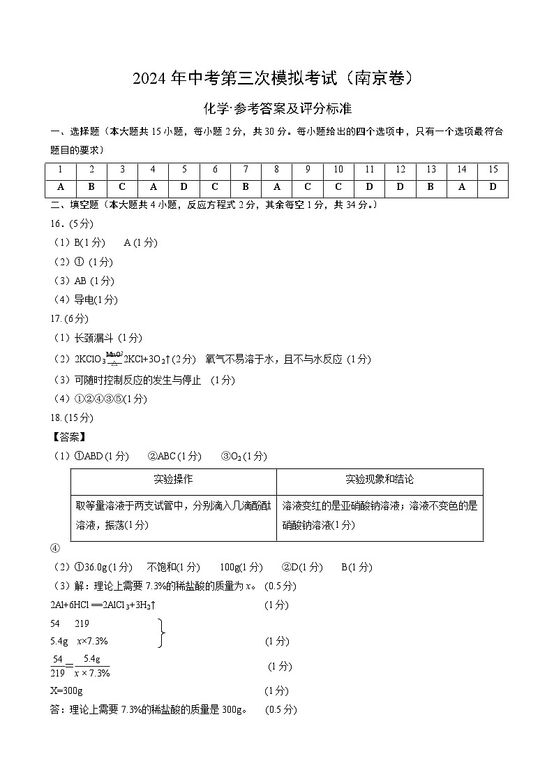 化学(南京卷)(参考答案及评分标准)第1页
