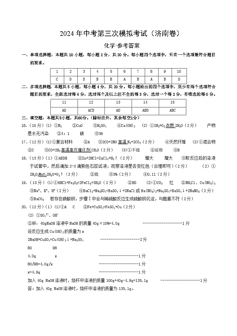化学(济南卷)(参考答案及评分标准)第1页