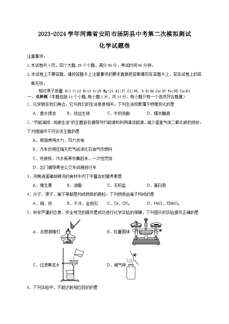 2024年河南省安阳市汤阴县中考第二次模拟测试化学试题卷第1页