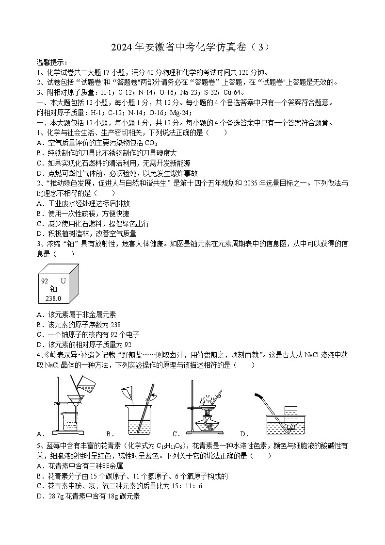 2024年安徽省中考化学仿真卷(3)01