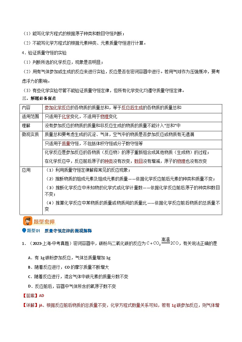 压轴题01 质量守恒定律及其应用(6大题型+方法总结)-2024年中考化学三轮复习(全国通用)02