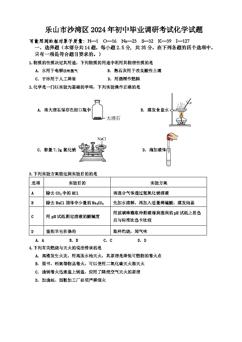 2024年四川省乐山市沙湾区中考一模化学试题01