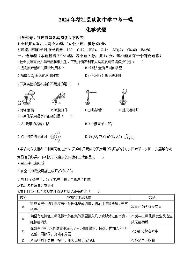 2024年贵州省黔东南州榕江县朗洞镇初级中学中考一模化学试题01