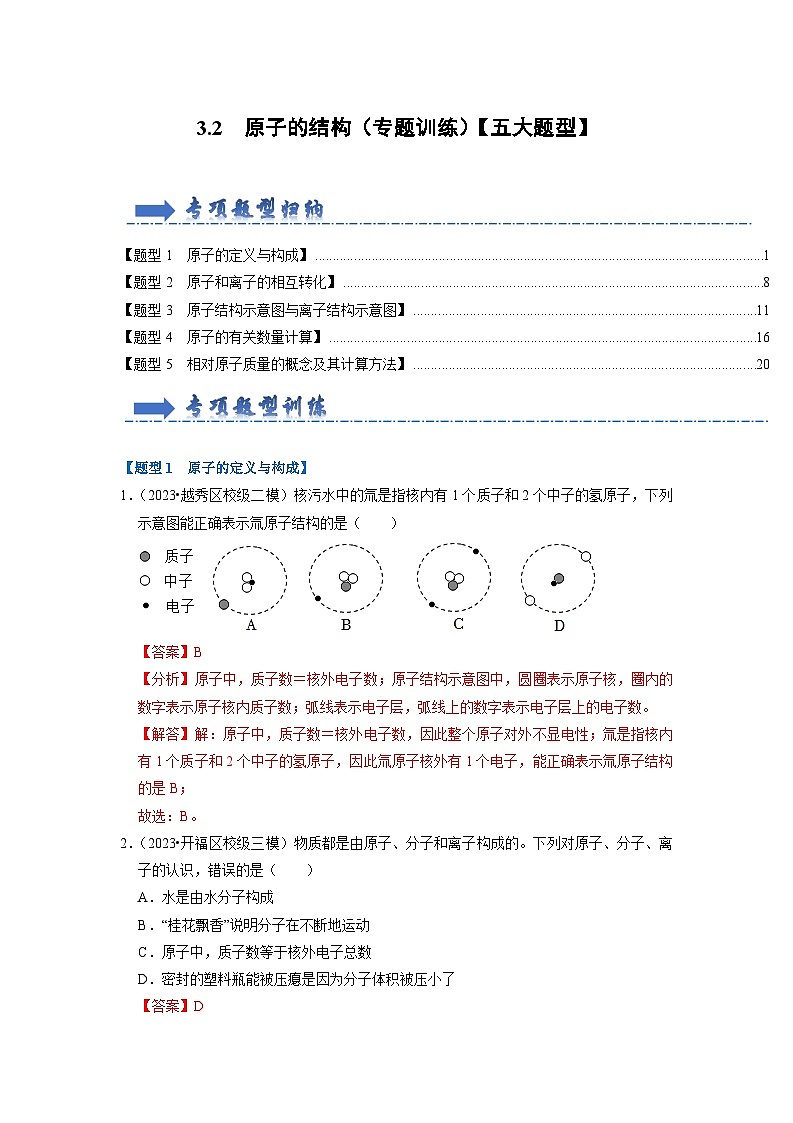 2024年人教版化学九年级上册3.2 原子的结构(专题训练)【五大题型】(原卷版+解析版)01