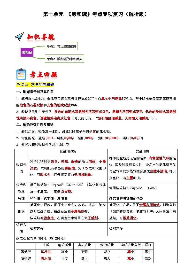 2024年人教版化学九年级下册第10单元 酸和碱(考点复习)(原卷版+解析版)01