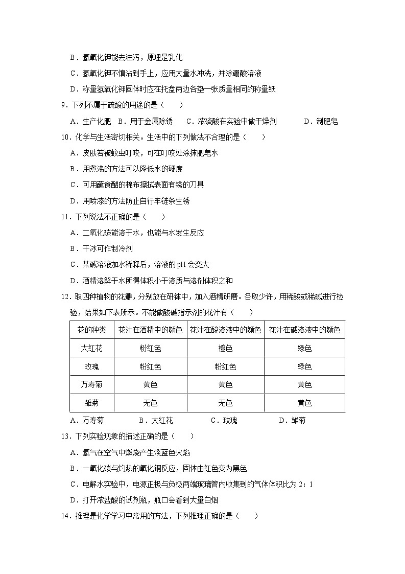 第10单元 酸和碱(A卷 达标通关卷)(原卷版)第3页