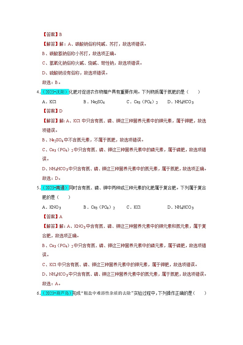 2024年人教版化学九年级下册第11单元 盐 化肥(B卷 真题通关卷)(原卷版+解析版)02