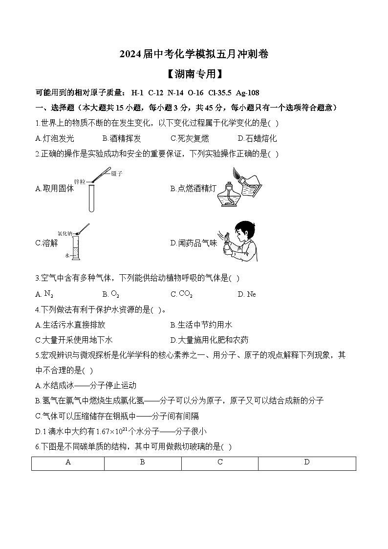 2024届中考化学模拟五月冲刺卷 【湖南专用】第1页