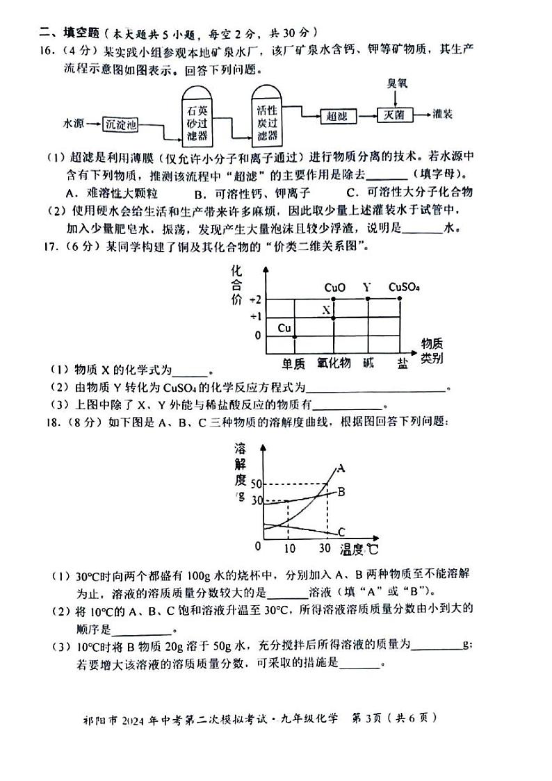 2024年湖南省祁阳市中考第二次模拟考试化学试卷03