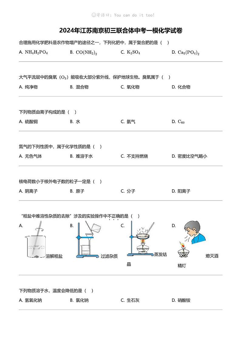 2024年江苏南京初三联合体中考一模化学试卷01