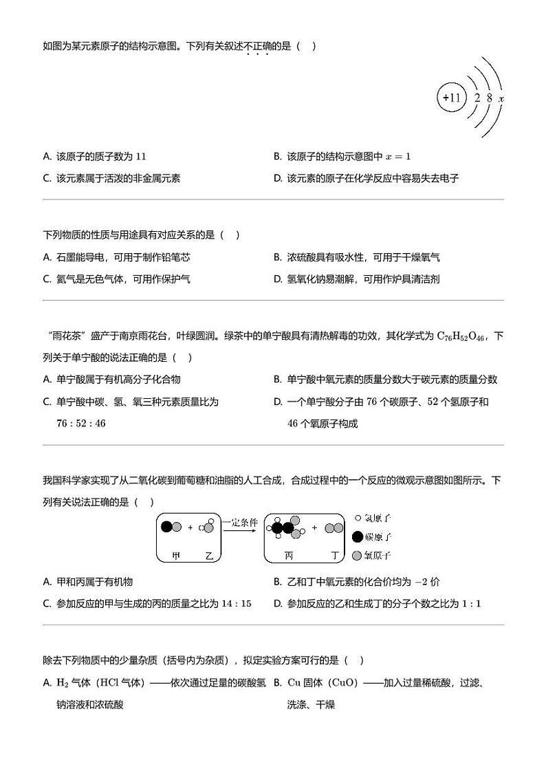 2024年江苏南京初三联合体中考一模化学试卷02