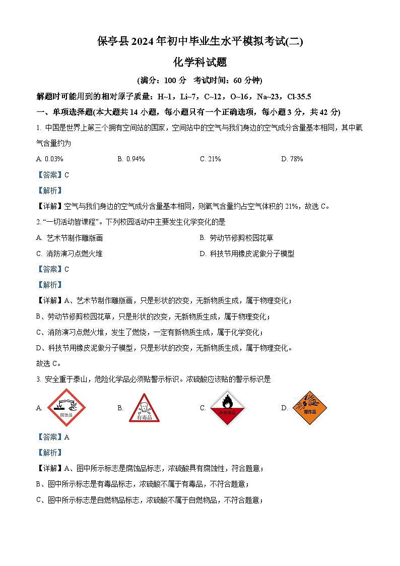 2024年海南省保亭县中考二模化学试题(原卷版+解析版)01