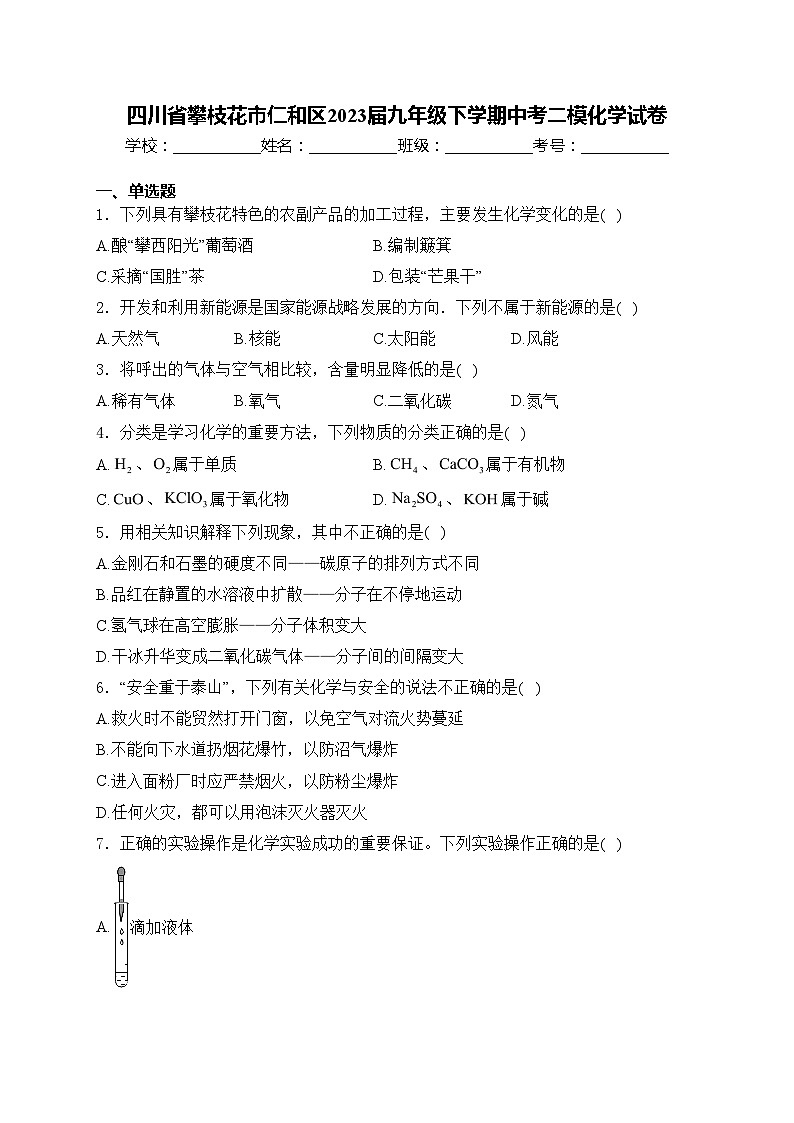 四川省攀枝花市仁和区2023届九年级下学期中考二模化学试卷(含答案)01