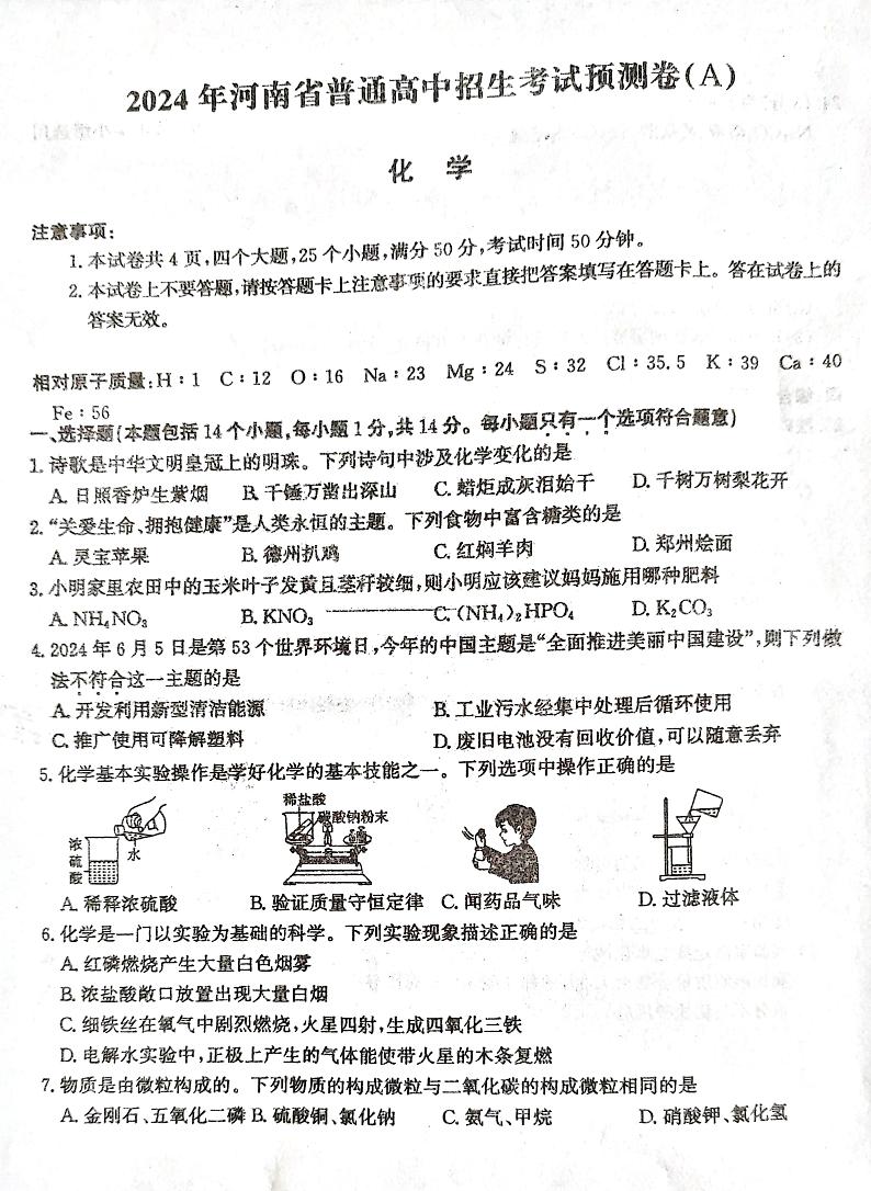 2024年河南省南阳市镇平县中考二模化学试题第1页