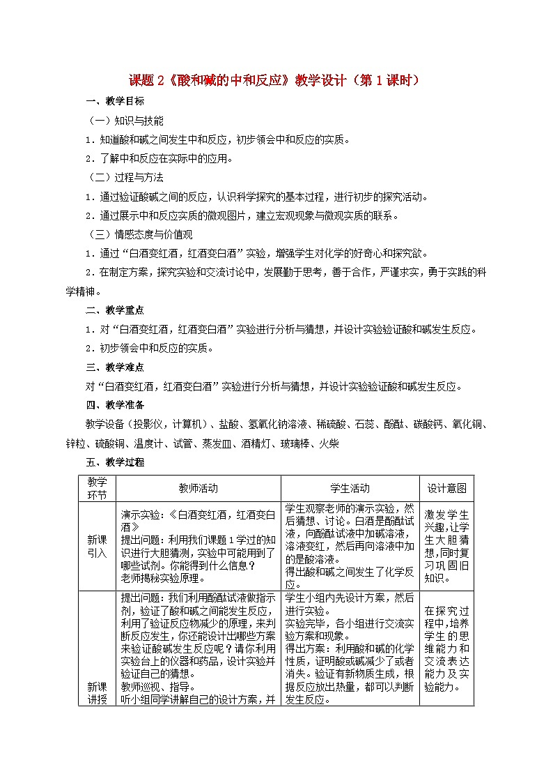 第十单元酸和碱课题2酸和碱的中和反应第1课时酸和碱的中和反应教学设计(人教版)第1页