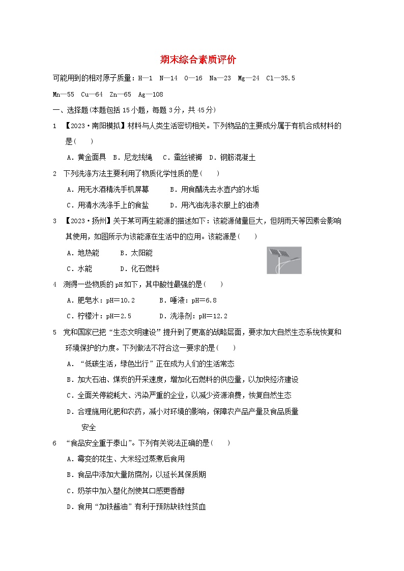 2024九年级化学下学期期末综合素质评价试卷（附答案沪教版）