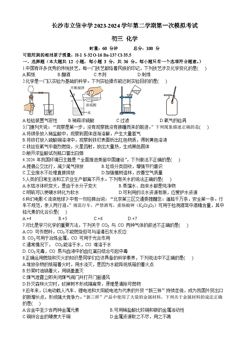 2024年湖南省长沙市立信中学第一次中考模拟考试化学试题第1页