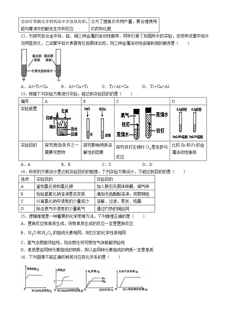 2024年山东省聊城市东昌府区中考二模化学试题(无答案)03
