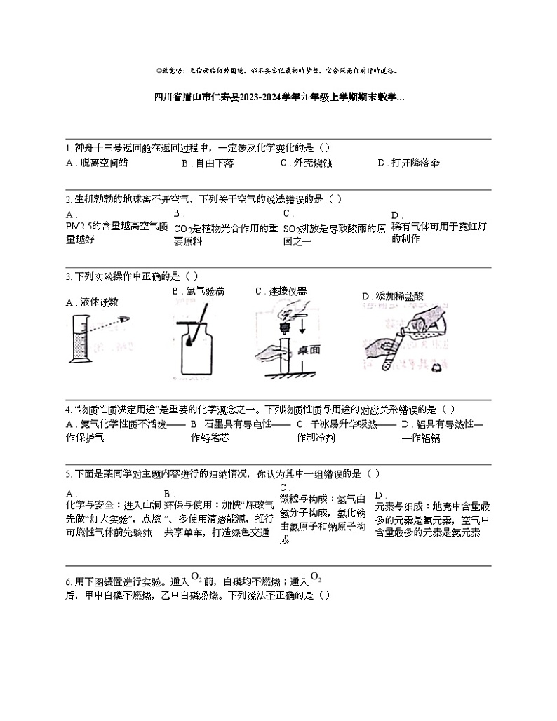 四川省眉山市仁寿县2023-2024学年九年级上学期期末教学化学试卷第1页