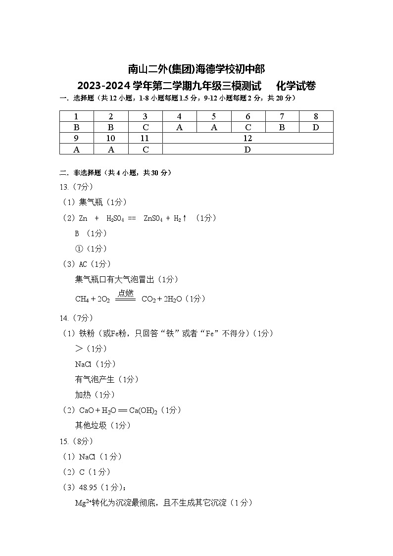 2024年广东省深圳市南山区第二外国语学校海德初中部中考三模化学试卷01