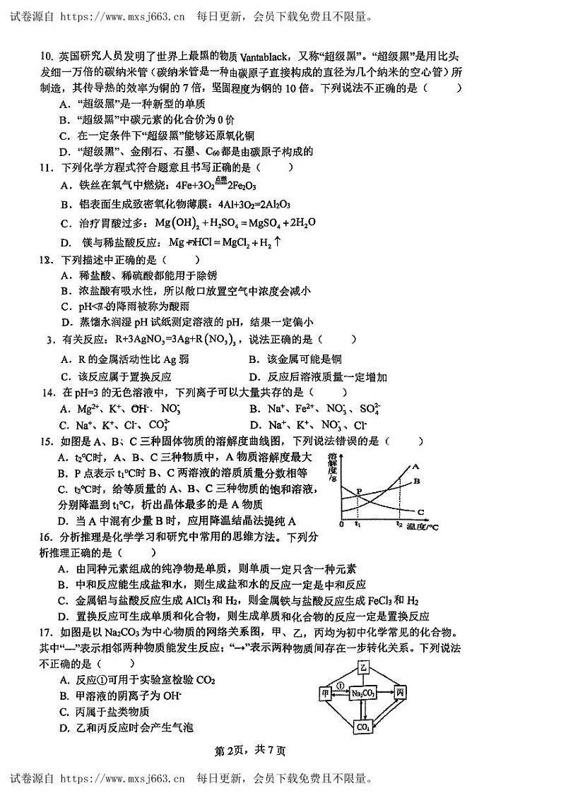 2024年广西大学附属中学中考模拟测试化学试题02