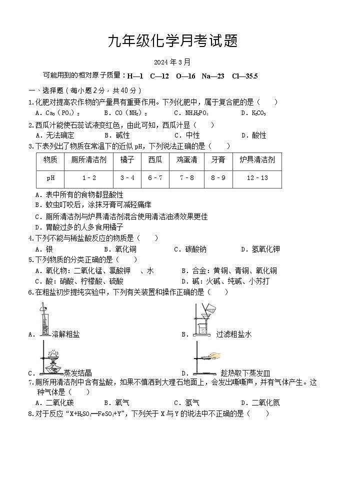 山东省临沂市沂新中学2023-2024学年九年级下学期3月月考化学试题01