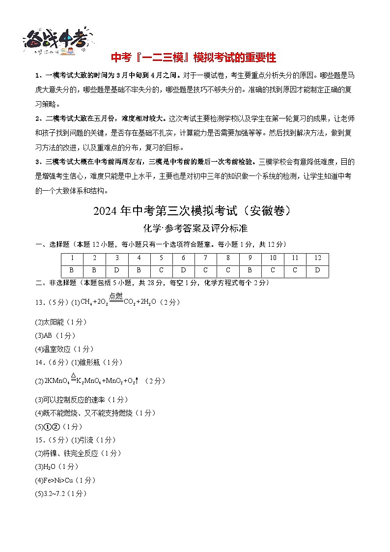 2024年中考化学第三次模拟考试(安徽卷)01