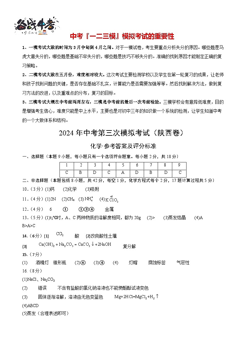 2024年中考化学第三次模拟考试(陕西卷)01