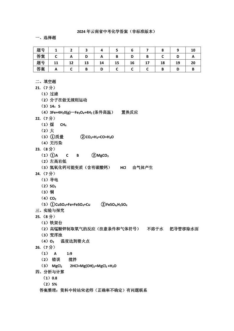 化学答案+云南省中考2024年第1页