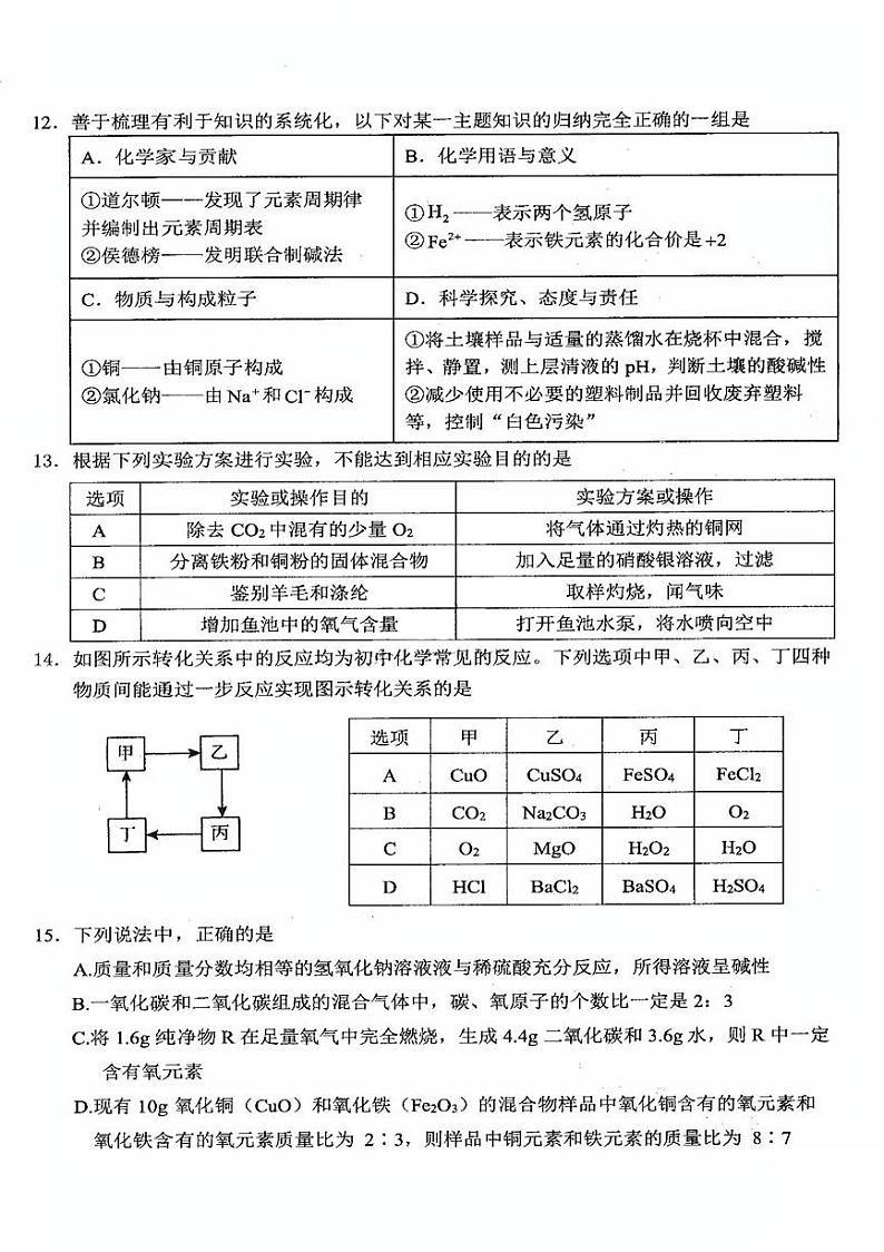 2024年天津市西青区中考二模化学试卷【含答案】03
