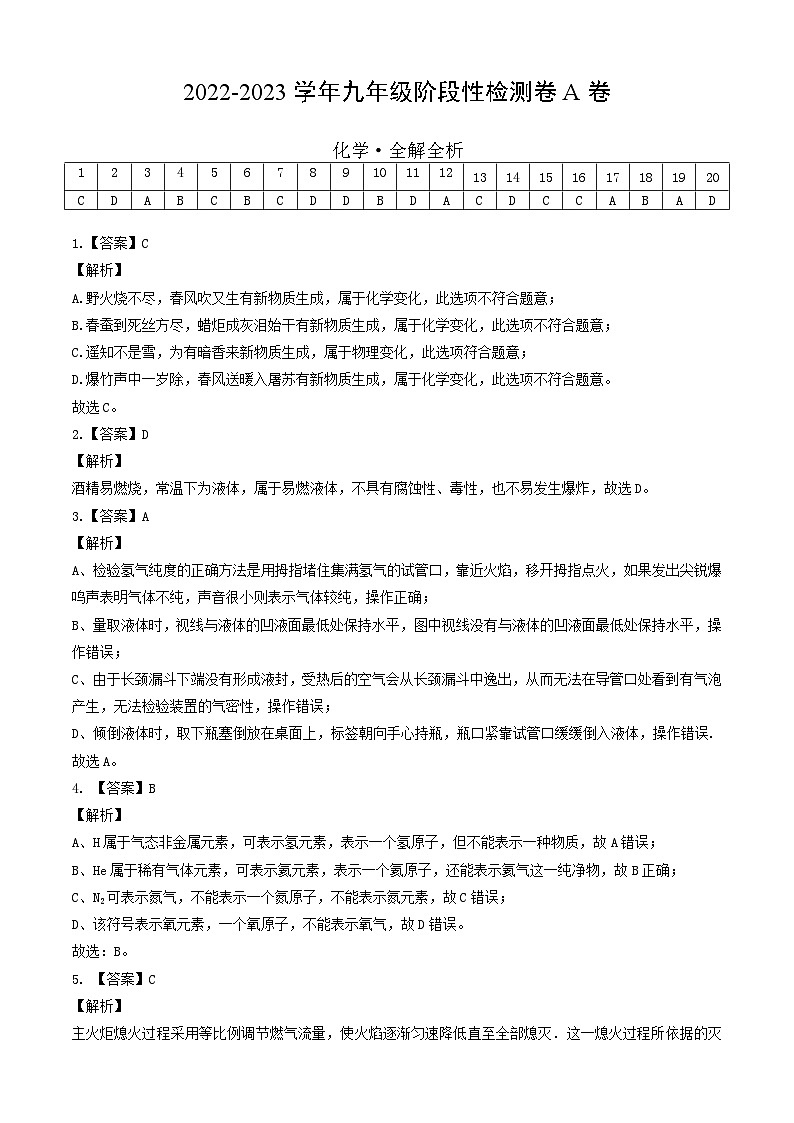 学易金卷:2022-2023学年九年级化学上学期第二次阶段性检测(10月)A卷(教师版)第1页