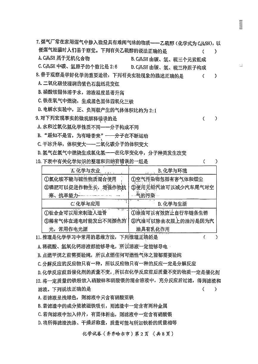 2024年黑龍江省齊齊哈爾市中考化學(xué)試題第2頁
